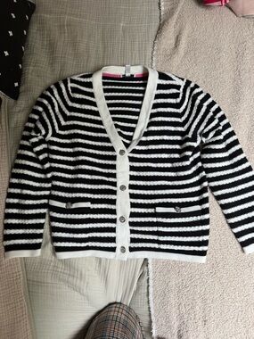 Isaac Mizrahi Black and White Striped V-Neck Button Cardigan